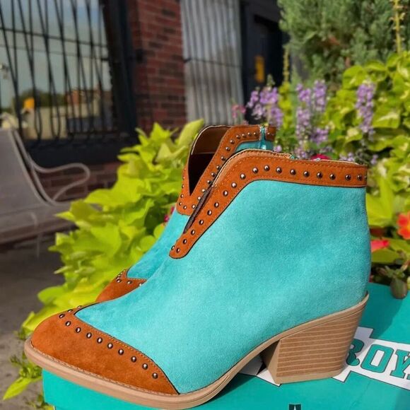 Boho Cowgirl Ankle Boots – Turquoise &  Studded Western Booties New - Picture 3 of 5